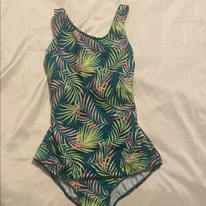 Land’s End Girls One Piece Swimsuit Botanical Print Size 14